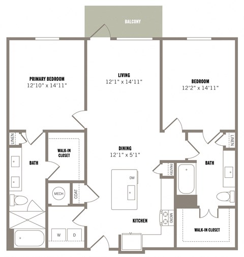 Floor plan for 2 beds, 2 baths, 1260 sqft